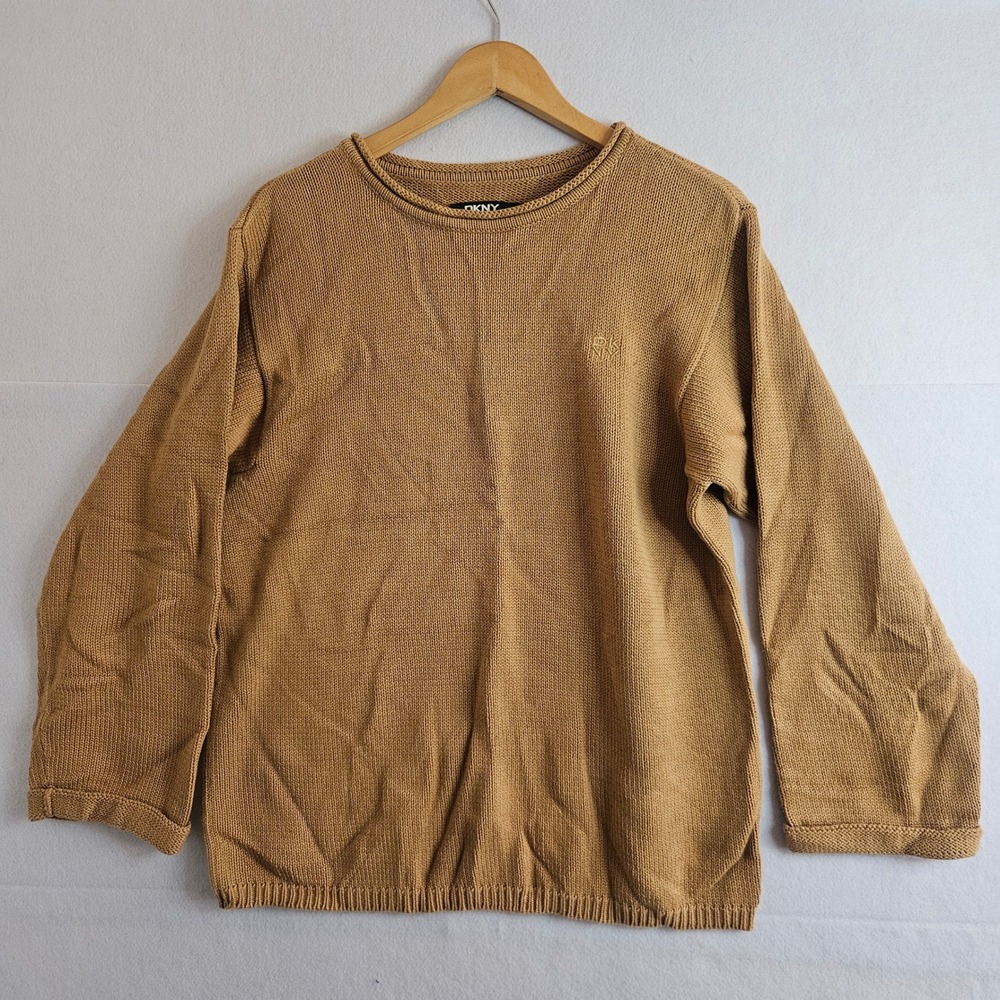 DKNY Womens Cotton Knit Crewneck Sweater‎ Tan Camel Embroidered Logo Size Large